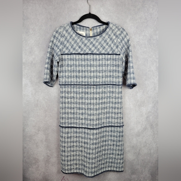 Sara Campbell Tweed Shift Dress size 8 Blue and White Pockets Classic Old Money - Picture 1 of 7
